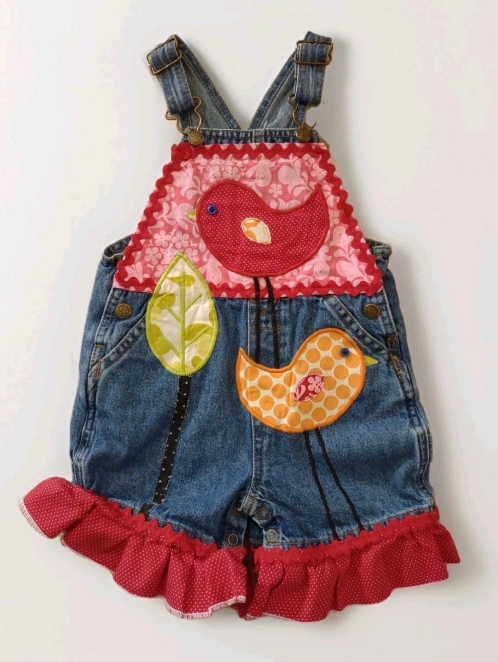 Candy De Lane Denim Overall Romper Outfit Applique Bird & Leaf Infants Size 18M